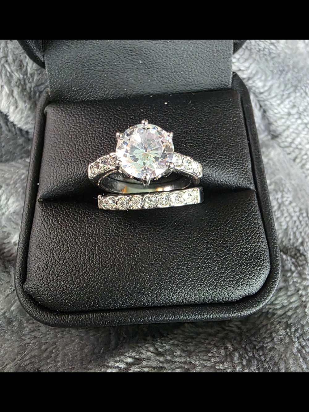 Silver-Tone CZ Solitaire Engagement Ring and Matching Band - Clear